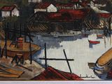 a painting of a harbor scene with boats in the water