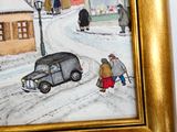 une photo d'un tableau représentant des personnes marchant dans la neige