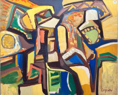 abstract painting of a man sitting on a chair in a yellow room