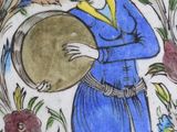 painting of a woman holding a drum in a garden of flowers
