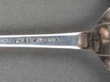 a silver spoon with a silver handle on a gray surface