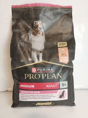 le chien se tient devant un sac de croquettes Pro Plan