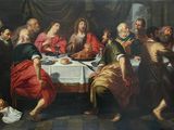 tableau représentant un groupe de personnes assises autour d'une table en train de manger