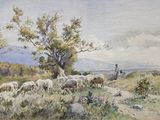 un tableau représentant un homme gardant des moutons dans un champ