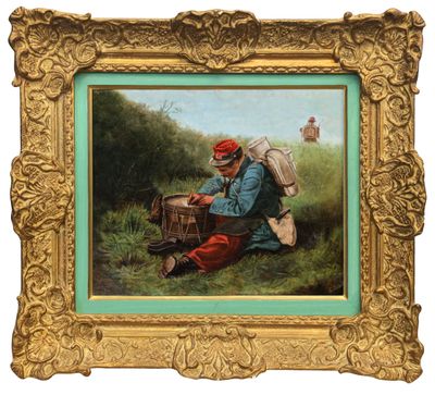 une peinture à l'huile représentant une femme assise dans un champ avec un panier