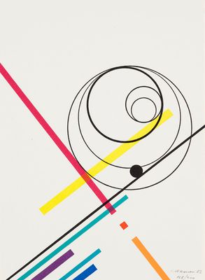 une peinture abstraite représentant une spirale et des lignes sur fond blanc