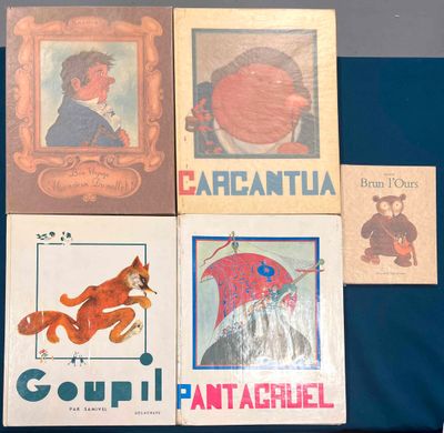 four vintage children ' s books are on a blue surface