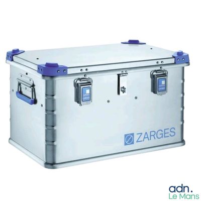 a silver box with blue handles and a logo on it