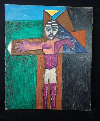 un tableau représentant un homme avec une croix dessus