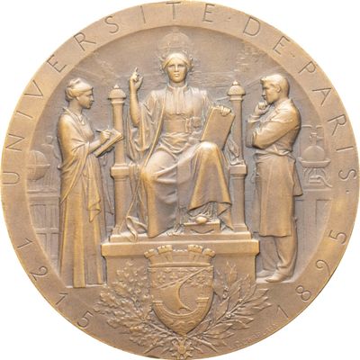 une image représentant une médaille de bronze sur laquelle figurent une femme et deux hommes