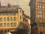 un tableau représentant des personnes marchant dans une rue avec des parapluies
