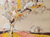 une peinture représentant un arbre dans un champ, sur lequel est perché un oiseau
