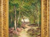 a painting of a path in the woods with a dog
