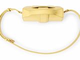 a gold leather purse with a strap and a clasp