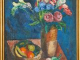 an oil painting of a vase of flowers and fruit on a table