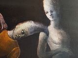 a painting of a woman holding a stuffed animal in her arms