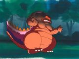 une image représentant un personnage de dessin animé chevauchant un dinosaure dans un champ