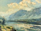 an image of a painting of a man riding a horse by a river
