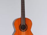 an orange acoustic guitar hanging on a wall with a white background
