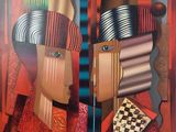 tableau représentant les visages d'un homme et d'une femme portant des chapeaux