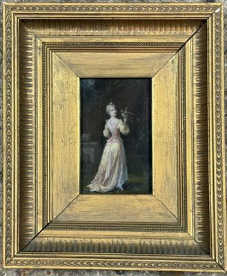 an old painting of a woman in a white dress holding a flute