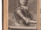 an old book with a drawing of a man in armor