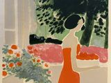 an image of a painting of a woman in a red dress looking out of a window