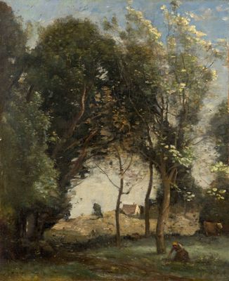 une image représentant un tableau où l'on voit des vaches paître dans une zone boisée