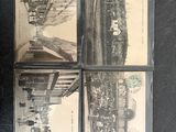 four black and white photos of a train on a train track