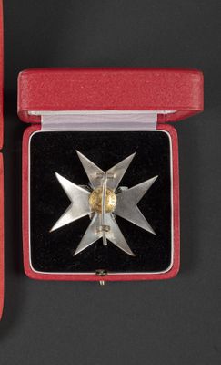 an image of a silver and gold medal in a red box