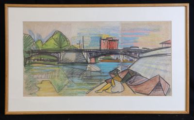 drawing of a man sitting on a dock with a boat in the background