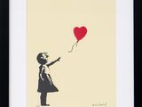a painting of a girl holding a red balloon in the shape of a heart