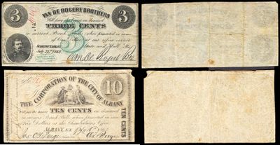trois anciens billets de banque sur lesquels figure, d'un côté, l'effigie d'un homme et, de l'autre, celle d'une femme