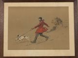 painting of a man in a red coat walking a dog on a leash