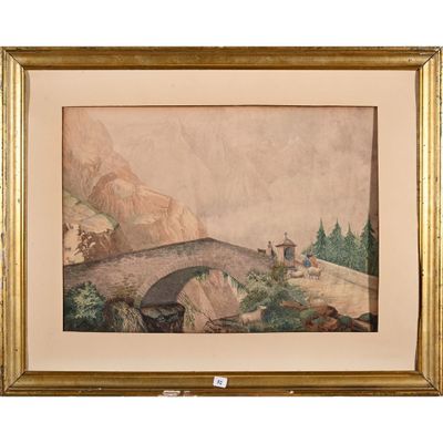 une image d'une peinture représentant un pont sur une rivière