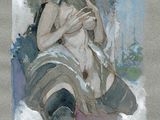 painting of a woman sitting on the ground next to a white animal
