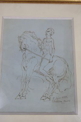 dessin représentant un homme à cheval, dans un cadre doré