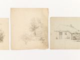 three drawings of a house and a tree on a sheet of paper