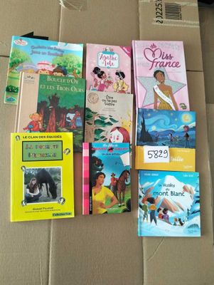several children ' s books are lined up on a cardboard box