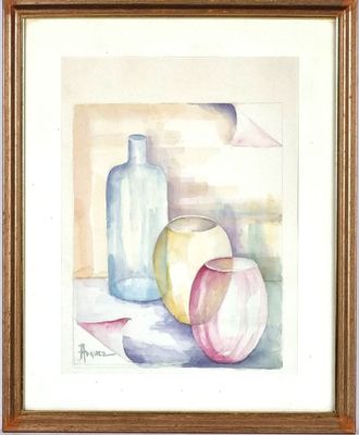ARQUEZ (XXe). "Nature-morte aux vases", aquarelle, signée en…
