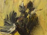 une peinture à l'huile représentant un coq sur fond jaune