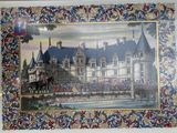 painting of a castle with a horse drawn carriage in front of it