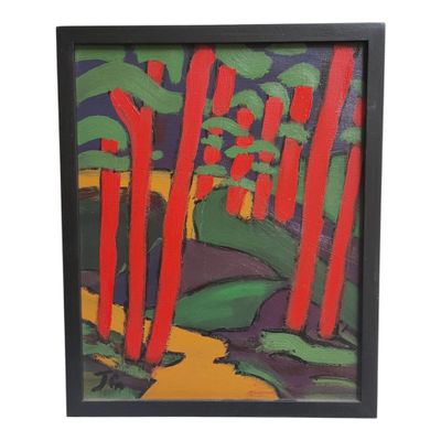 un tableau représentant des arbres dans une forêt aux feuilles rouges et vertes