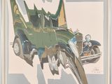 tableau représentant une voiture verte et une voiture marron dans un cadre blanc