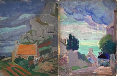peinture représentant une vue d'un village et une vue sur l'océan