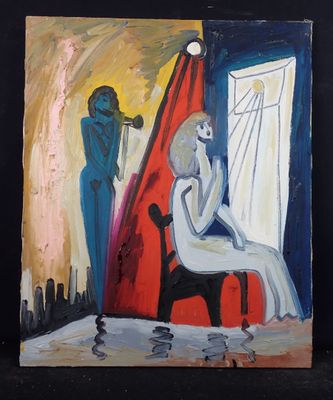 tableau représentant une femme assise sur une chaise devant un tableau représentant un homme