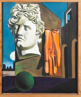 tableau représentant le buste d'un homme tenant une balle verte devant un bâtiment