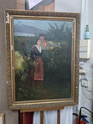 a painting of a woman standing next to a painting of a man