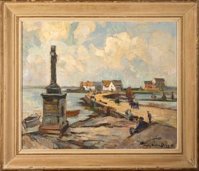 an oil painting of a pier with boats and people on it