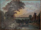 une peinture à l'huile représentant un paysage fluvial avec un château au loin